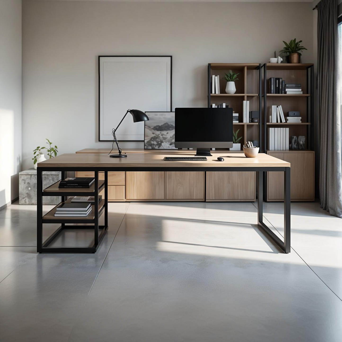 Escritorio minimalista con estante lateral y materiales premium