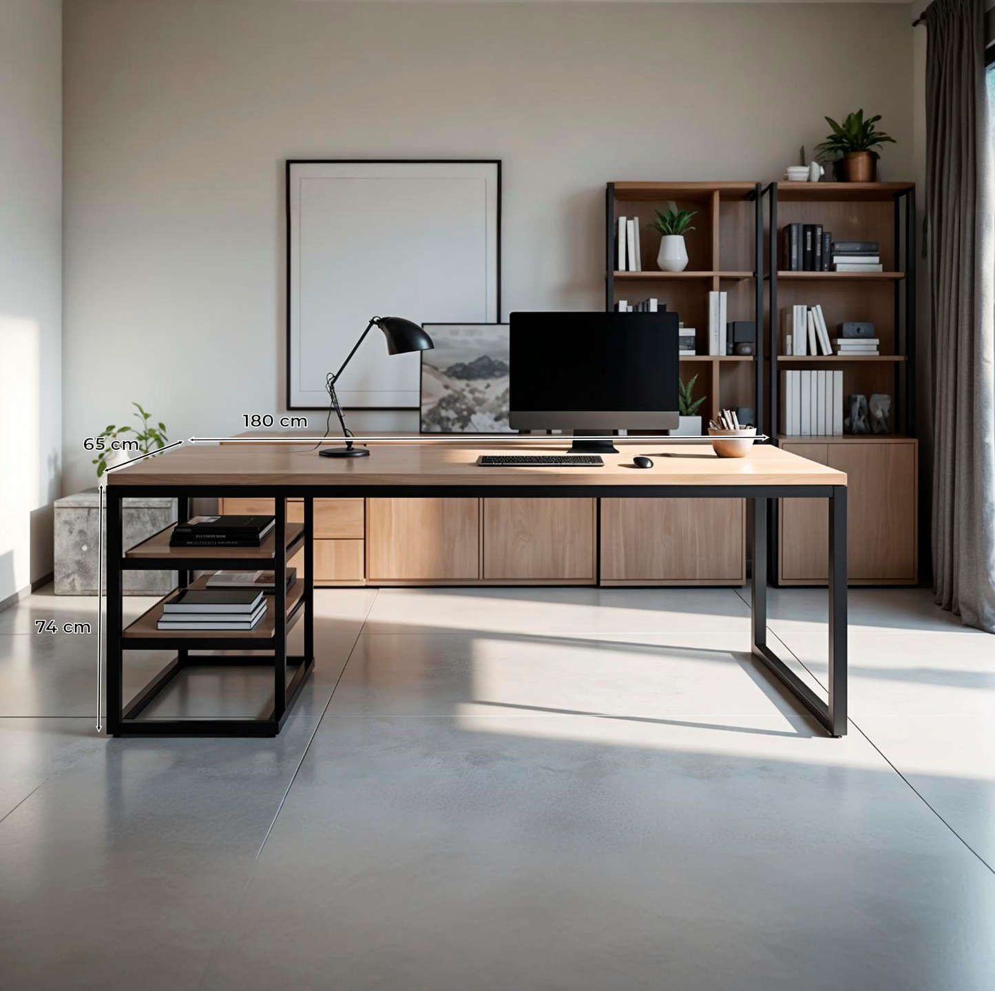 Escritorio minimalista con estante lateral y materiales premium